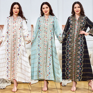 Foreign Trade Middle Eastern Muslim Robe Women's Long Skirt 2025 Sequin New V Neck Loose Evening Dress Dubai Dress
