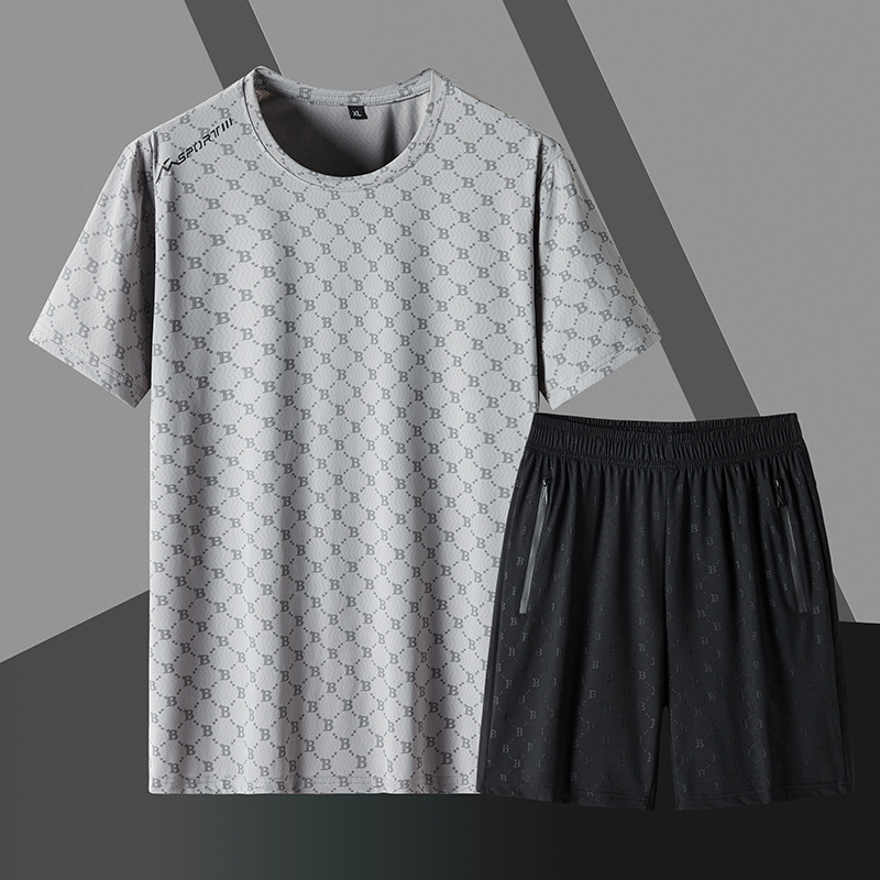 Traje deportivo de ocio de verano para hombre de seda de hielo de manga corta Camiseta pantalones cortos de dos piezas nuevo aire acondicionado de secado rápido conjunto corto venta al por mayor