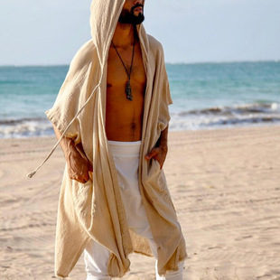 2025 European and American Cross-Border Spring and Summer New Hooded Beach Clothes Men's Vacation Style Versatile Casual Cloak