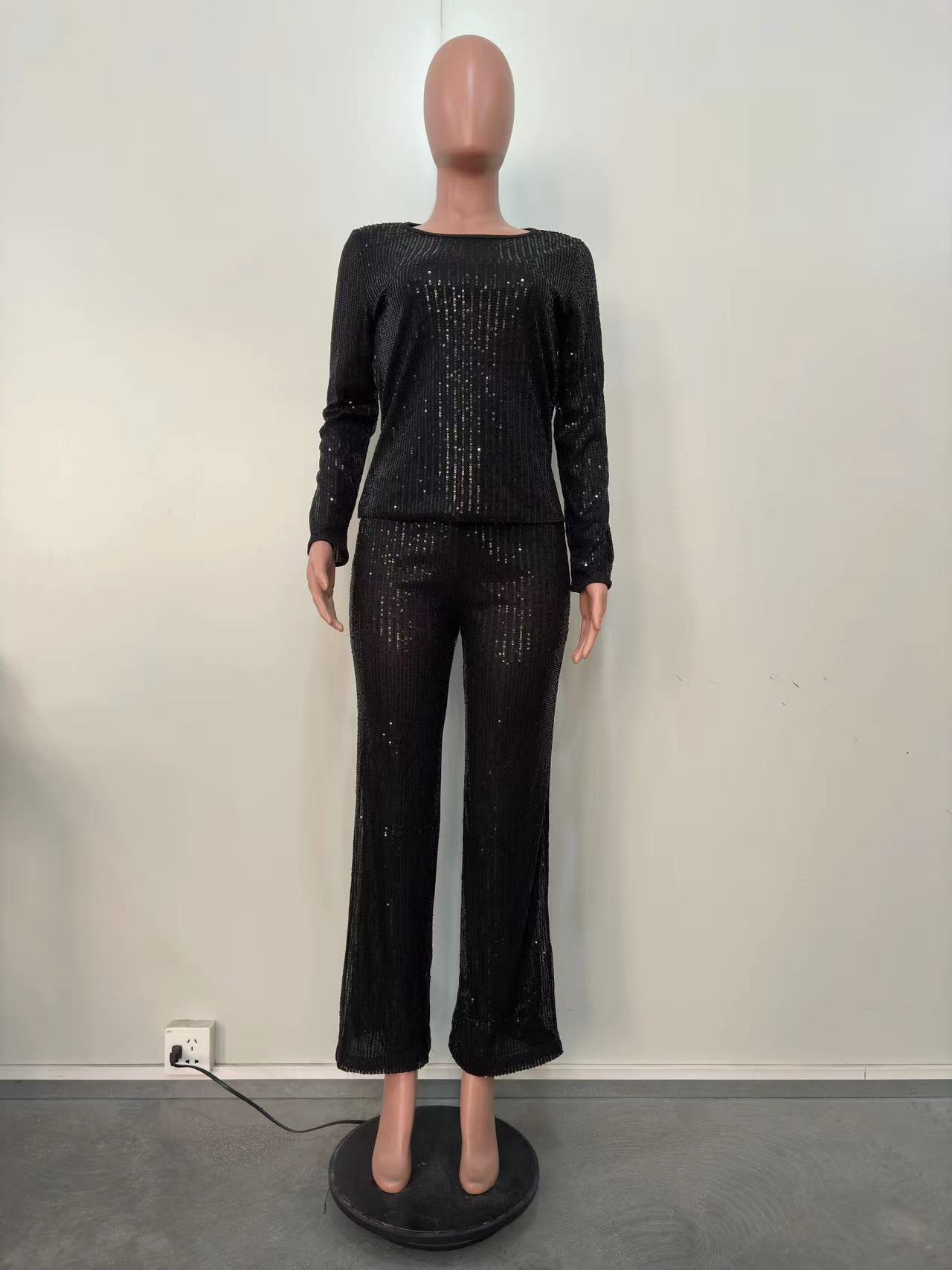 Women's Clothing new sequined solid color long sleeved trousers two piece set_voghion.com