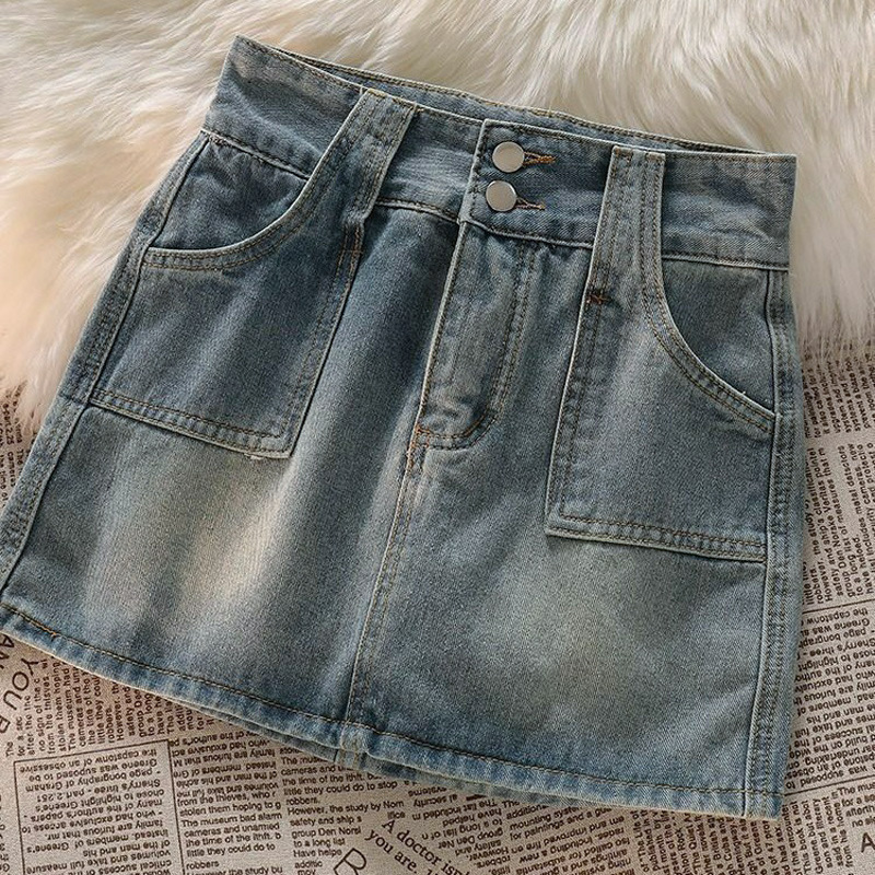 半身防走光设计牛仔裙女ins风辣妹裙裤双扣小众高腰包臀a字短裙子
