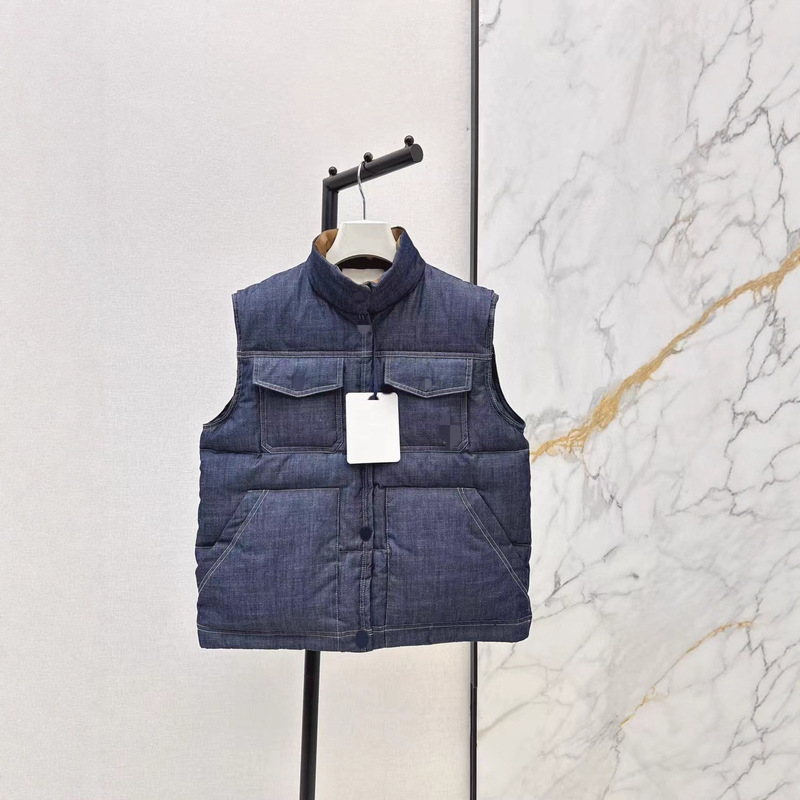 Shenzhen Nanyou 25 Autumn and Winter Fashionable and Handsome Letter Micro-Label Splicing Double Flap Pocket Pants Stand-Up Collar Denim down Vest Jacket