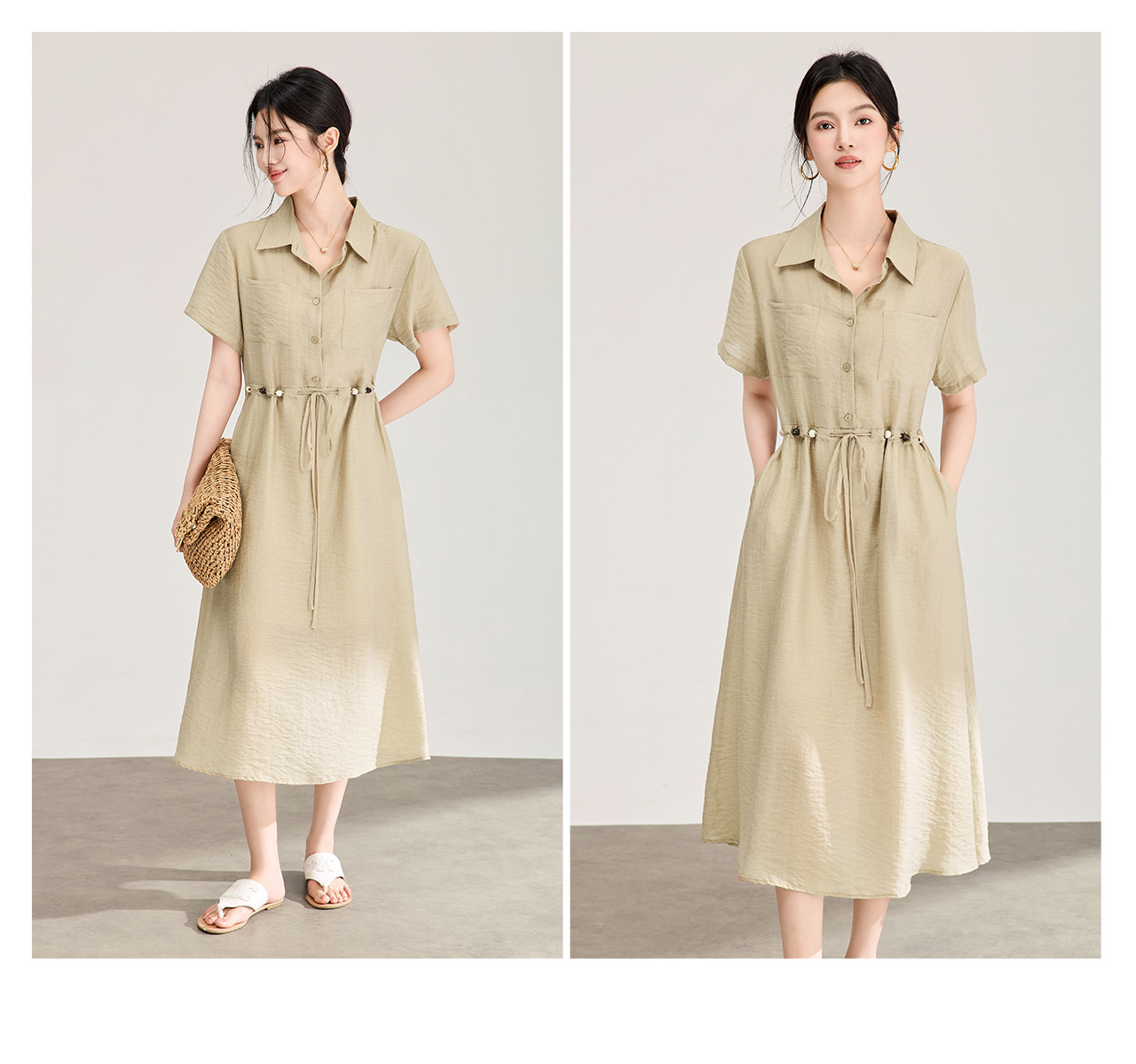 Đầm sơ mi nữ dáng suông chất liệu linen phối cườm nhẹ — màu xanh navy chi tiết 20