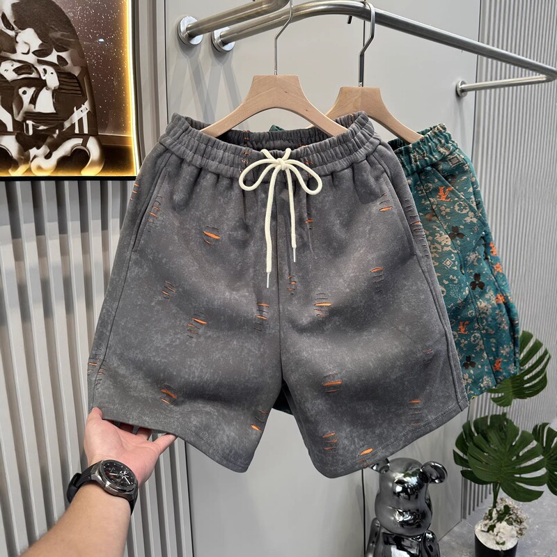American-Style Trendy Tie-Dye Shorts for Men, Summer Gray Beach Shorts, Ripped Straight Loose Casual Sweatpants American-Style Trendy Tie-Dye Shorts for Men, Summer Gray Beach Shorts, Ripped Straight Loose Casual Sweatpants
