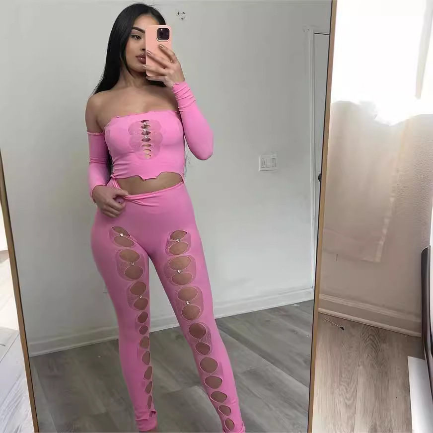 Yue mariposa Europa y los Estados Unidos nuevo amor hebilla un cuello de manga abierta blusa agujero pantalón sexy set YDT038