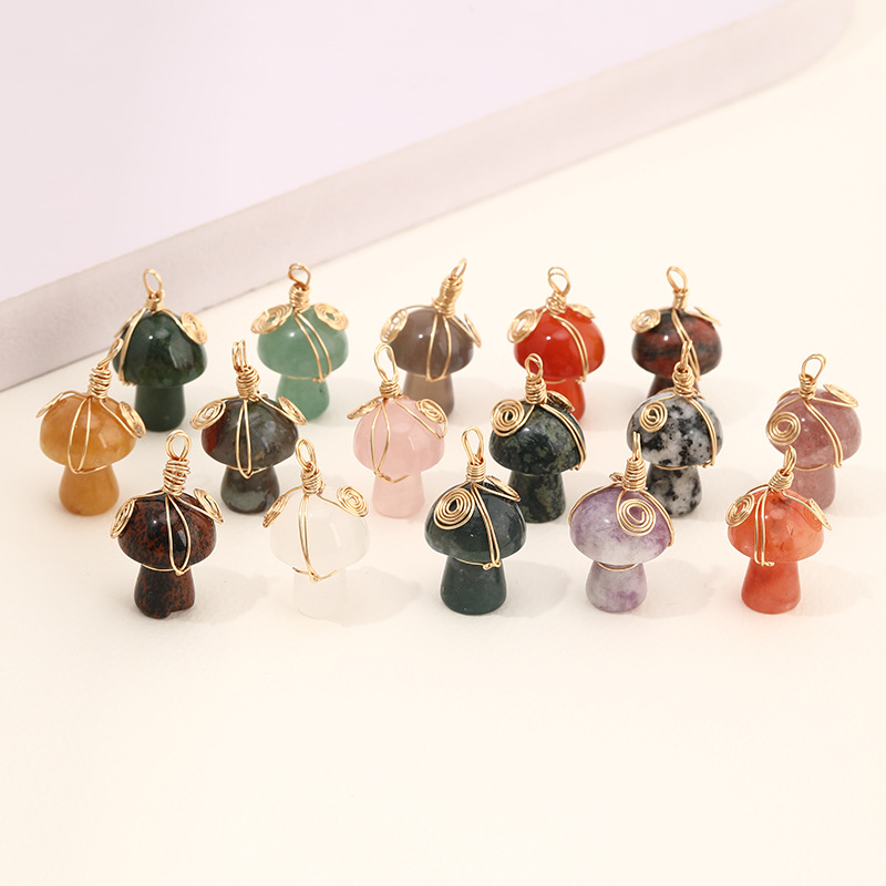 Natural Crystal Mushroom Pendant Hand-wound Wire Small Mushroom Necklace Agate Semi-precious Stone DIY Jewelry Pendant Cross-border