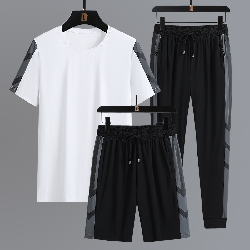 Summer Round Neck Color-block Ice Silk T-shirt Men's Casual Shorts Two-piece Sports Ice-sensitive T-shirt Three-piece Set
