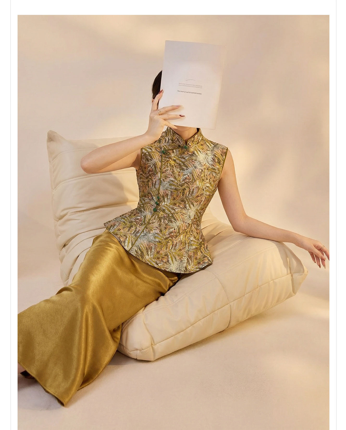 Set áo gi-lê không tay cổ đứng + chân váy midi jacquard phong cách Trung Quốc mùa hè — Màu xanh lá cây nửa váy, vàng nửa váy, Áo khoác xanh chi tiết 2