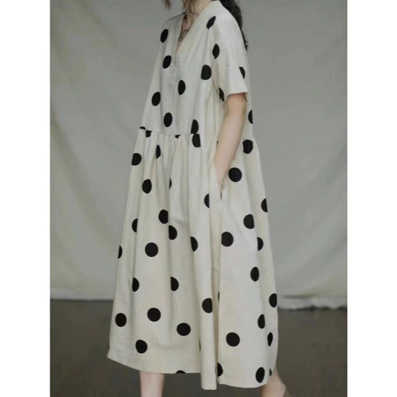 Литературное элегантное свободное хлопковое и льняное платье в большой горошек в стиле ретро с v-образным вырезом и короткими рукавами, льняная длинная юбка, летняя