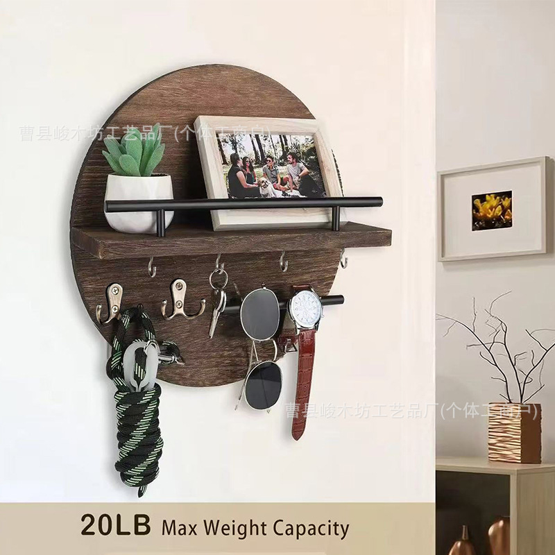 Retro Wooden Round Shelf Storage Rack Wall-Mounted Wall Storage Rack Solid Wood Home Decoration Rack Entrance Key Rack