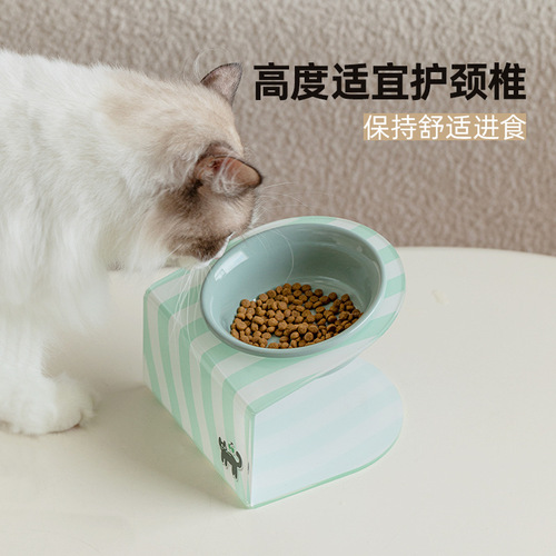 Ceramic pet cat bowl, dog bowl, cervical vertebra protection, anti-overturn drinking bowl, grain basin, tall acrylic frame, inclined mouth bowl