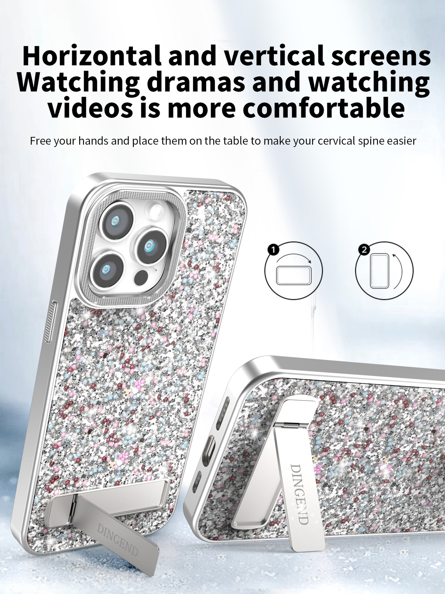 Ốp lưng iPhone đính đá sang trọng, chân đế kim cương, chống sốc viền dày cho 16 Pro Max / 15 / 14 Pro — Trắng đàn piano, Đen kinh điển, Màu vàng đậm chi tiết 2