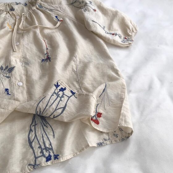 Heavy Industry/Tencel Linen Embroidered Artistic Shirt Women's Round Neck Buckle Loose Half Sleeve Slim Shirt