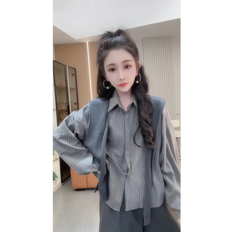 早秋女装2025新款韩系减龄条纹长袖叠穿披肩上衣高腰休闲裤两件套|undefined