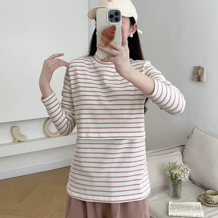 Новый стиль с длинными рукавами весна и осень в полоску с полугиким воротником