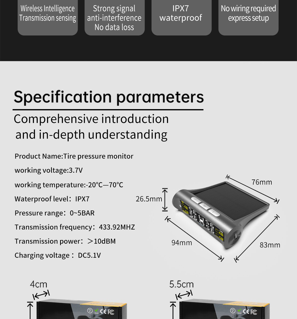 Ty01 Tire Pressure Monitoring System High-Precision Solar-Powered Tire Pressure Monitor Tpms Tire Pressure Wireless Device Smart