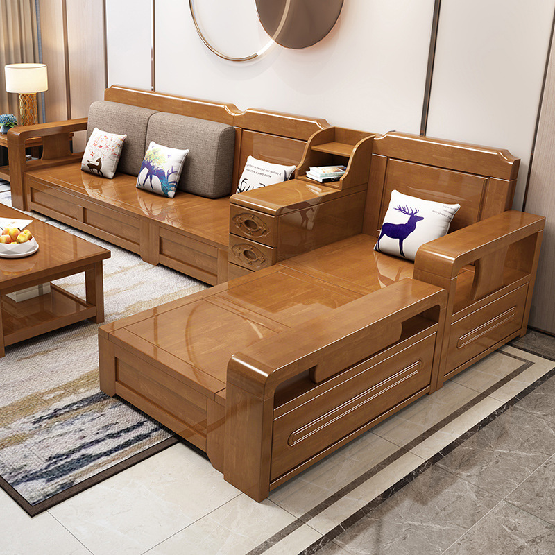 New Chinese style solid wood sofa living room combination modern simple wooden economical winter and summer small apartment storage furniture