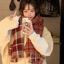 新年中国红色韩国格子围巾女圣诞加长冬季百搭保暖披肩围脖两用潮