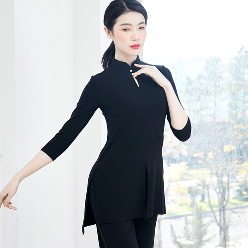 Women's square classical modern dance cheongsam high stand collar Tai Chi slit crotch top adult art exam dance practice clothes