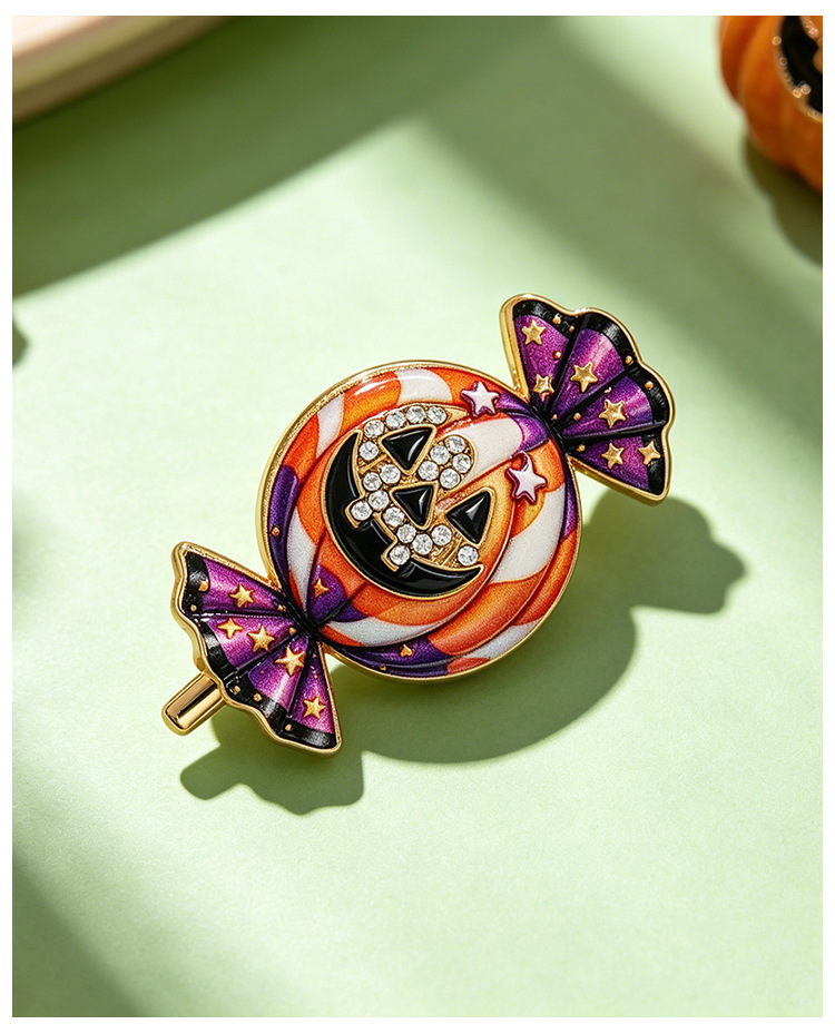 Halloween pumpkin candy brooch, striped candy-shaped, diamond-embellished enamel, eco-friendly alloy, women's suit decoration pin
