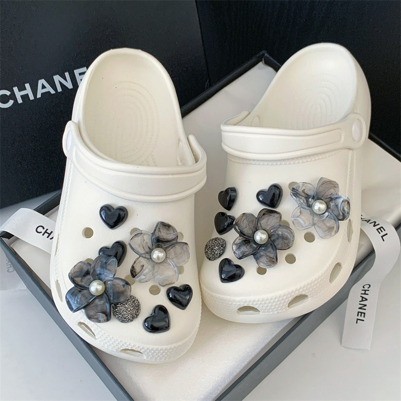 High-End Ink Flower Clogs Accessories Black Crystal Heart Shoe Flower Detachable DIY Decoration Buckle