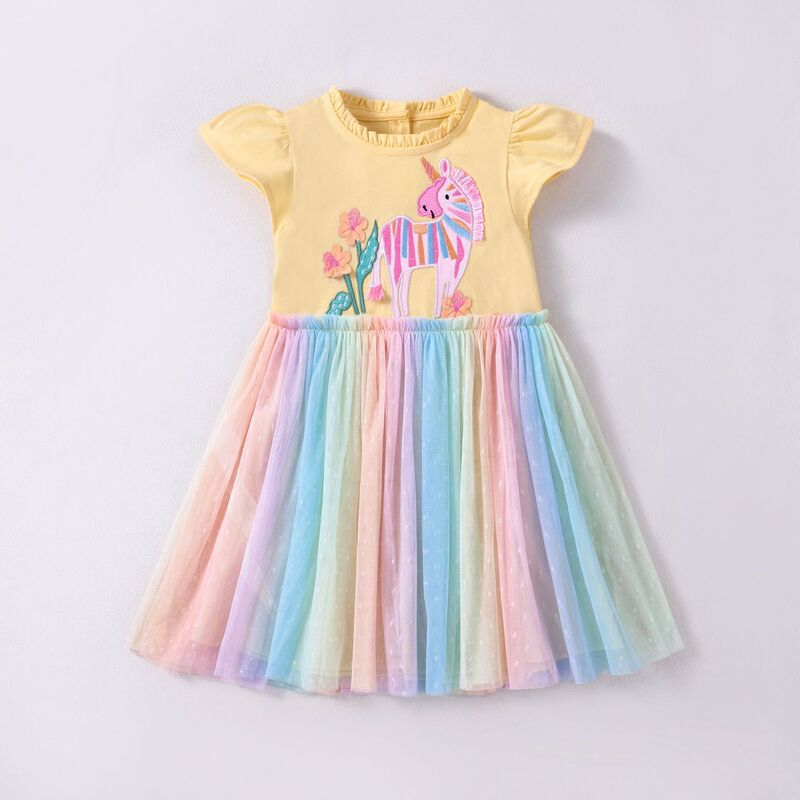 Rainbow Color Girls Dress Summer Sleeveless Vest Dress Cross-Border European and American Unicorn Embroidered Skirt Children's Mesh Skirt