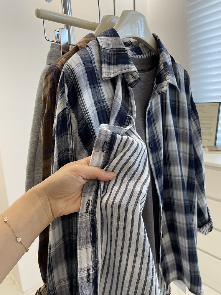 Áo sơ mi nữ dài tay vải gạc cotton hai lớp họa tiết kẻ sọc cổ điển dáng rộng — Kẻ sọc xanh (Bộ sưu tập mùa hè)
