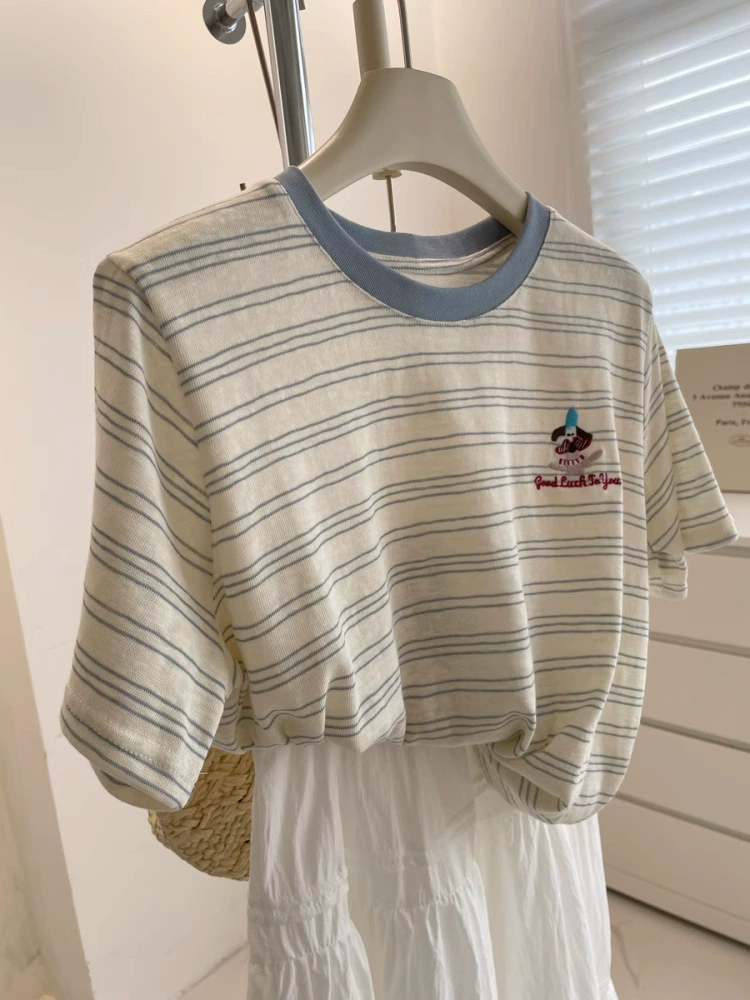 Летняя корейская мультяшная вышивка уменьшает возраст и отбеливает ~ свежая женская футболка с короткими рукавами в контрастную полоску! Повседневная льняная хлопковая футболка