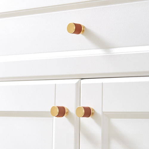 Solid brass cabinet handles from Nordic, luxury leather single-hole wardrobe cabinet drawer minimalist hardware pulls