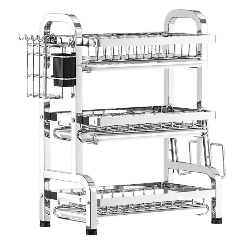 Estante para platos de cocina de acero inoxidable Estante para drenaje Estante de almacenamiento multifuncional para el hogar Estante para platos multicapa transfronterizo