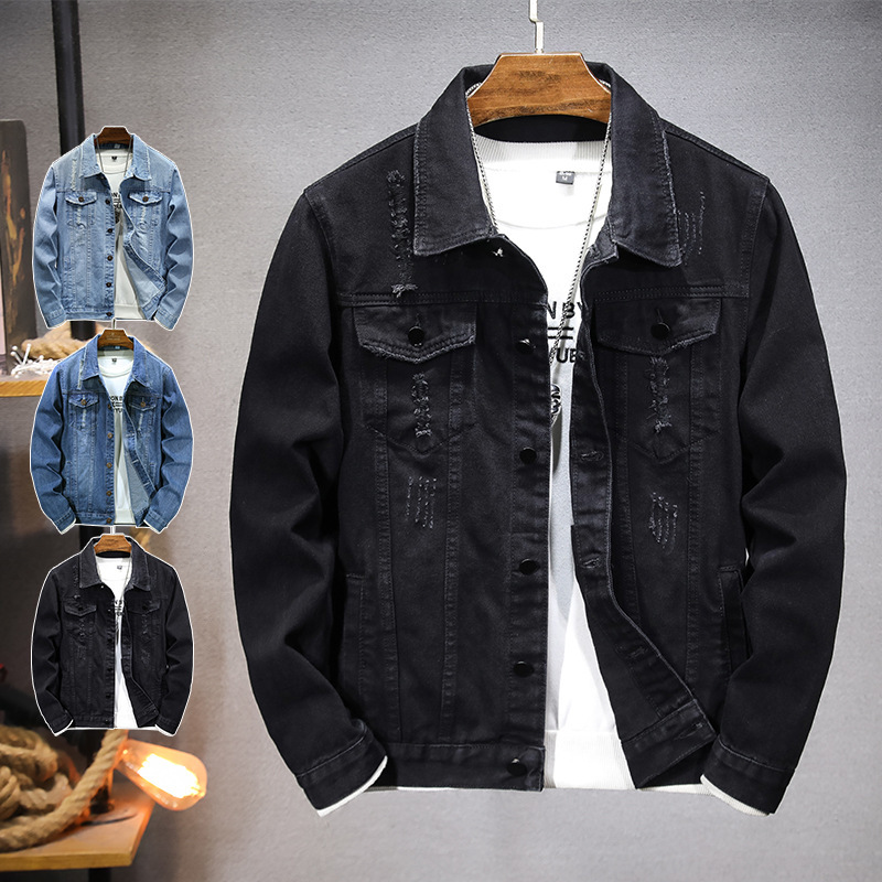 LAZADA New Fashionable Men's Jacket Top Spring and Autumn Light Blue Slim-fit Grinding Edge Ripped Denim Jacket for Men