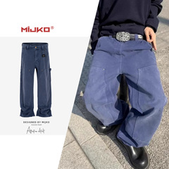 MIJKO メンズ レディース ストレート トライアングル レザーブランド ダブルニーロギング ジーンズ 男女同型 スモール バインディング ブルー パンツ