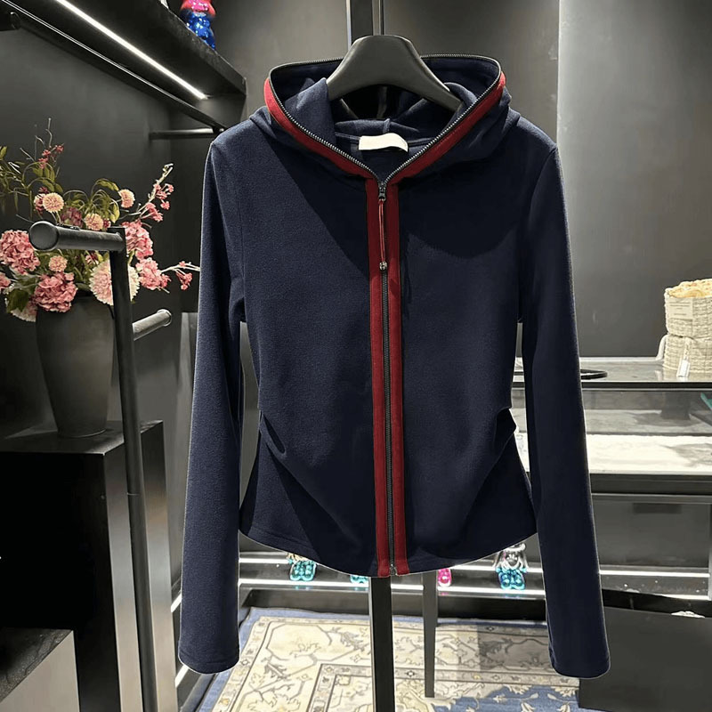European Station 2025 Autumn Navy Blue Hooded Sweatshirt New Women's Fashionable Tops European Goods Trend