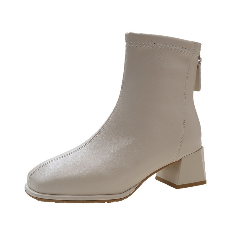 French Style White Short For Women 2025 Autumn Winter New High Heels Slim Chunky Heel Thin Martin Boots_vogvips.com