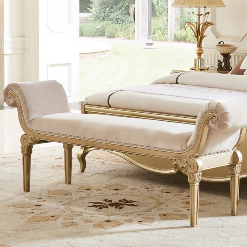 American-style light luxury solid wood carved end-of-bed bench, French-style bedroom shoe-changing bench, bedside bench, dressing room long bench, sofa stool