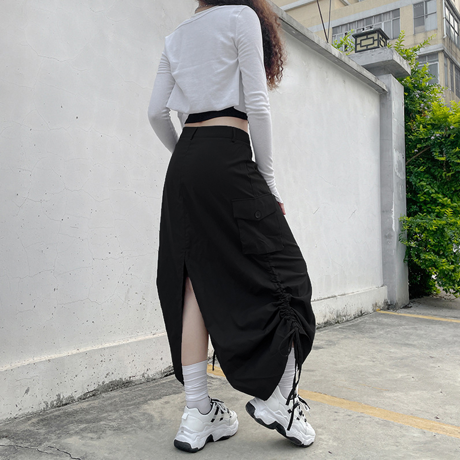 Women Cargo Maxi Skirt Hiking Irregular Drawstring Retro Style A