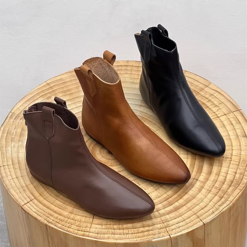 Retro Pointed Toe Ankle Boots For Plus Size Women Winter Style Soft Leather Slimming WesternDesign In Stock_voghion.com