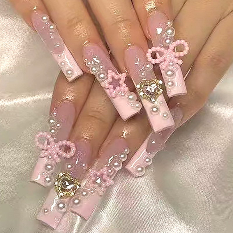Pink cute sweet love Diamond water pipe French Pearl bow wear nail patch fake nails wholesale