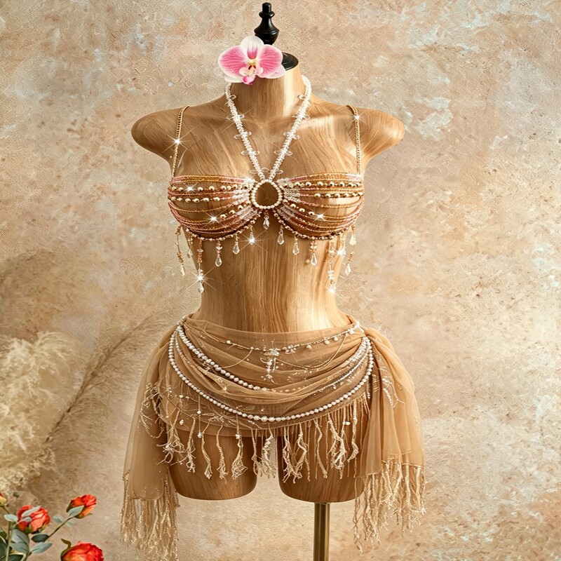 Bohemian colorful beaded chest chain with water drop crystal pendant, body chain for music festivals, carnival parties, and tank tops