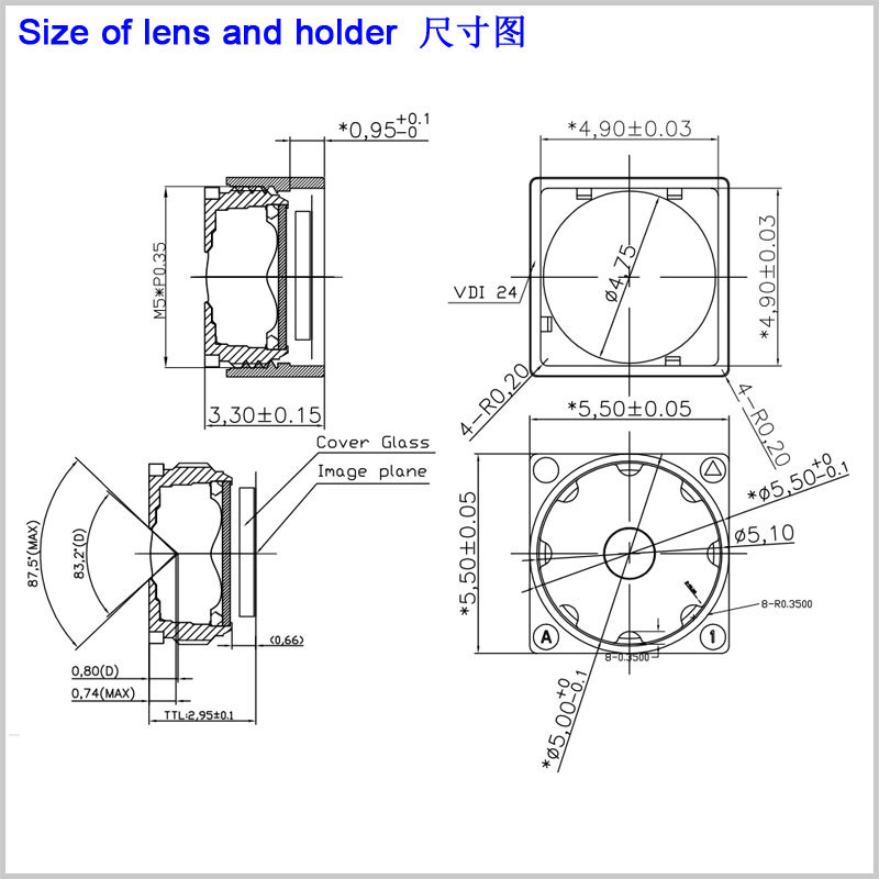 1/5 대각선 83 도 M5 인터페이스 1.96MM 초점 거리 얇은 렌즈 낮은 총 길이 치과 휴대 전화 스캔 코드 GC02M2