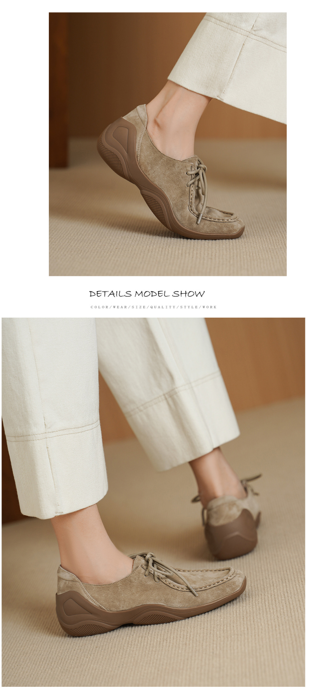 Giày lười nữ mũi vuông da cừu mềm phong cách DeTrain vintage buộc dây — đen chi tiết 8