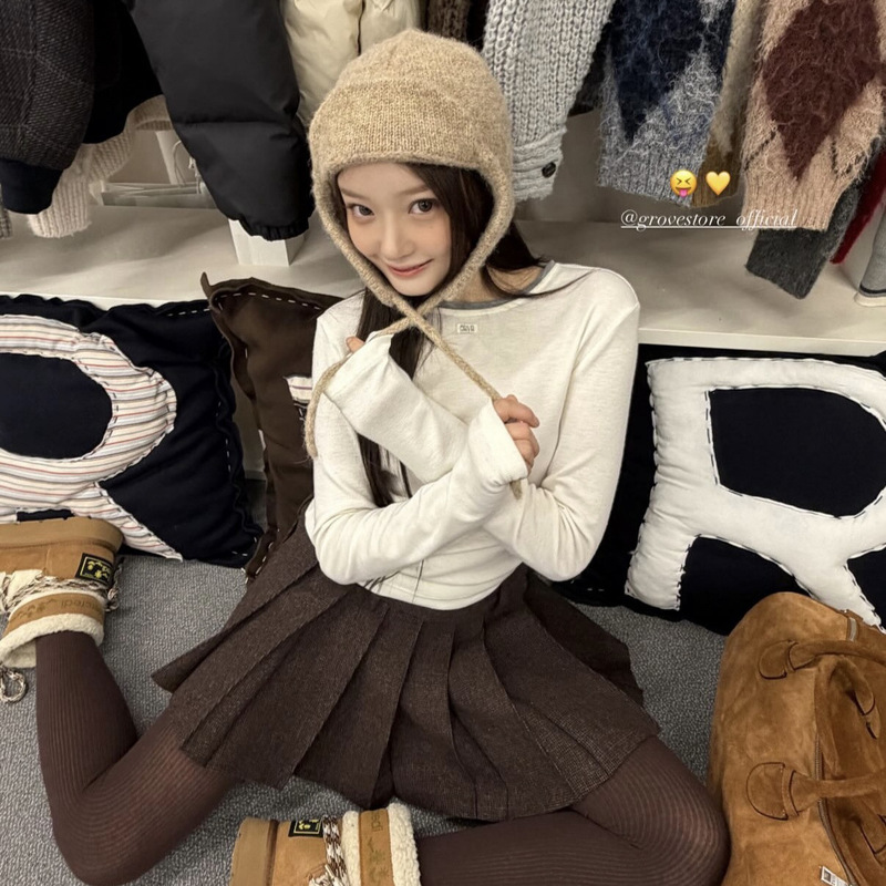 In Stock 2025 Winter New Qd Grove Versatile Color-Blocking Basic Fake Two-Piece Label Regular Shoulder Long-Sleeve T-Shirt