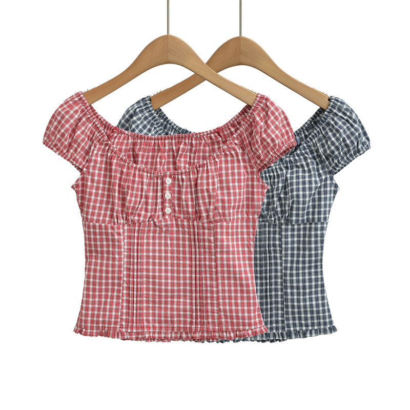 Retro Red and White Contrasting Plaid Versatile One-Shoulder Two-Way Wear Off-Shoulder Shirt Vest Top Women's Summer Short-Sleeved T-Shirt