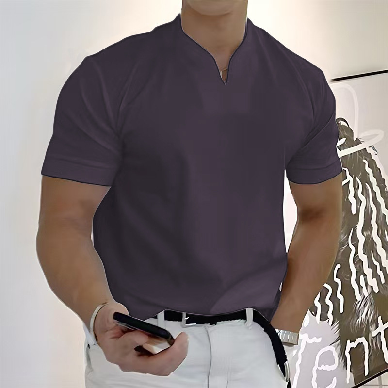 2025 verano nuevo estilo musculoso masculino fitness deportivo camiseta de manga corta elástica de verano con cuello en V para hombre
