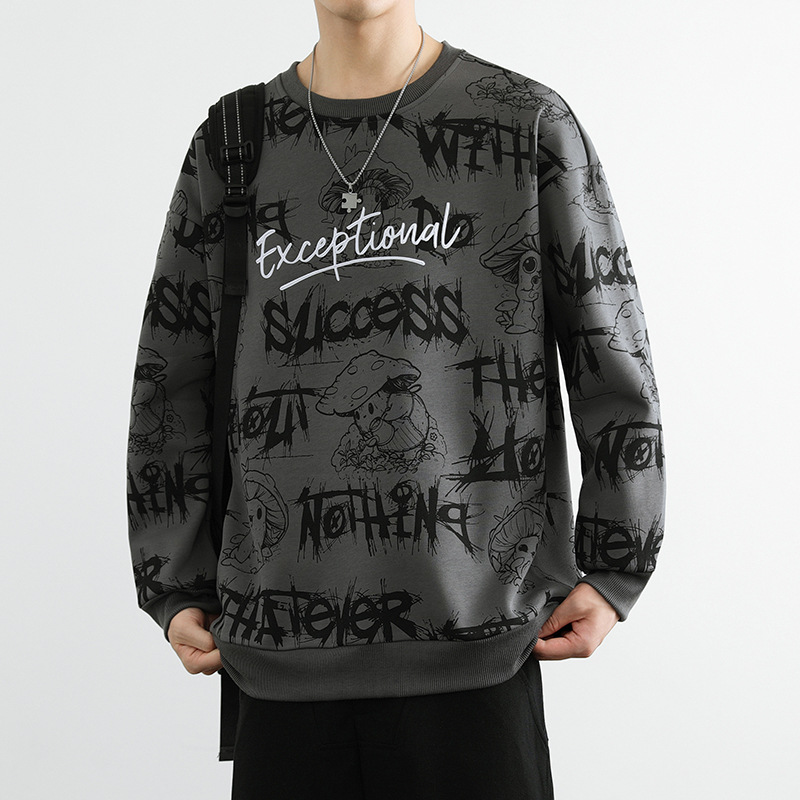 American round neck sweater men's spring and autumn 2024 new loose plus size fashion brand graffiti printed long sleeve t-shirt men