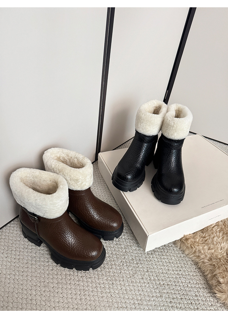 Boot tuyết nữ da thật cổ ngắn lót lông cừu, đế dày khóa thắt lưng gót vuông — màu nâu chi tiết 20