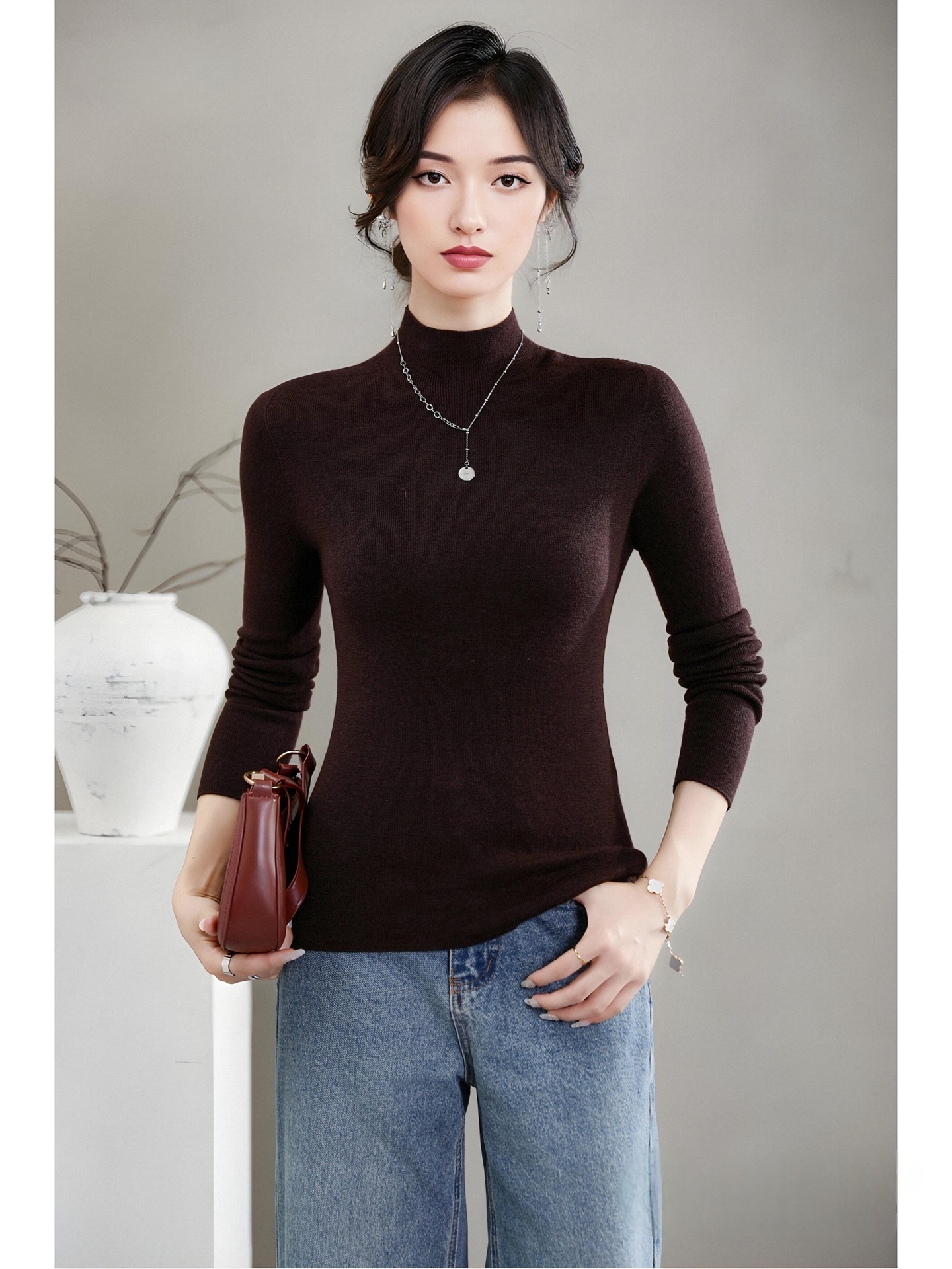 揚子糸ワンピース成形シームレスウールセーター女性のセータースリムハーフタートルネック 100% ウールニットボトリングシャツ