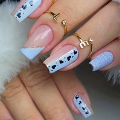 Blue and white triangle French style with heart dot splicing pink square nail American and European shimmer nail artificial nail set finished product