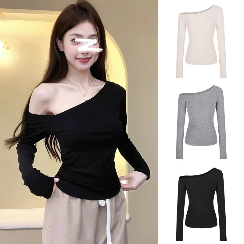 Black Shoulder Collar Shoulder Long-sleeved T-shirt Women's Early Autumn New Style Spice Girls Slim-fit Slimming Niche Chic Top Trendy
