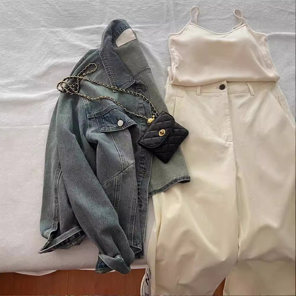 Women's Clothing Vintage Blue Lapel Denim Coat Women's Early Spring Loose All-match Hong Kong-style Jacket Short Top_voghion.com